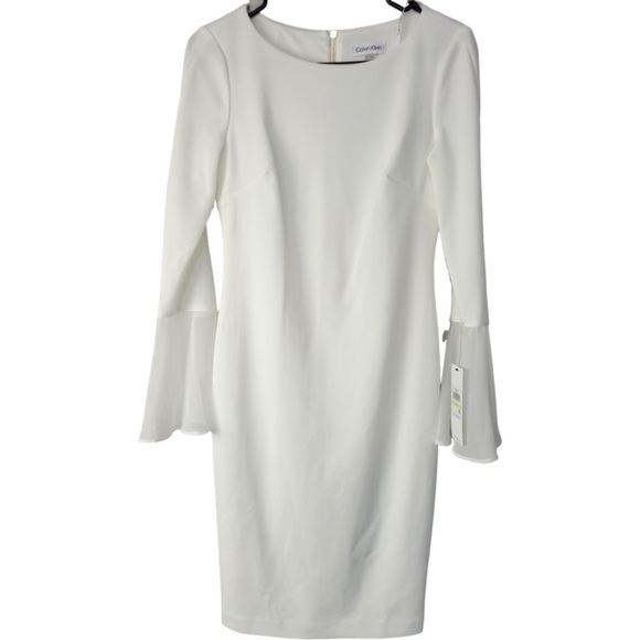 NWT Calvin Klein cream/white sheath midi dress chiffon flutter sleeves size 4 - Picture 1 of 12